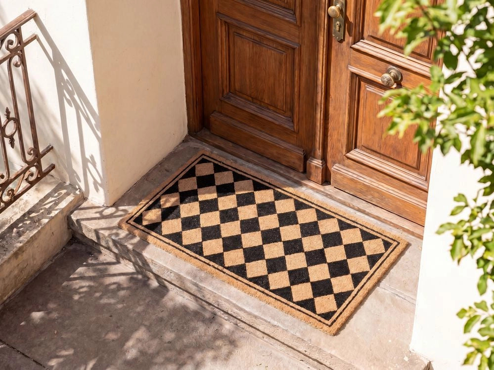Zerbino in fibra di cocco beige e nero con fondo antiscivolo, 55 x 120 cm. Zerbino decorativo antiscivolo con motivo a rombi