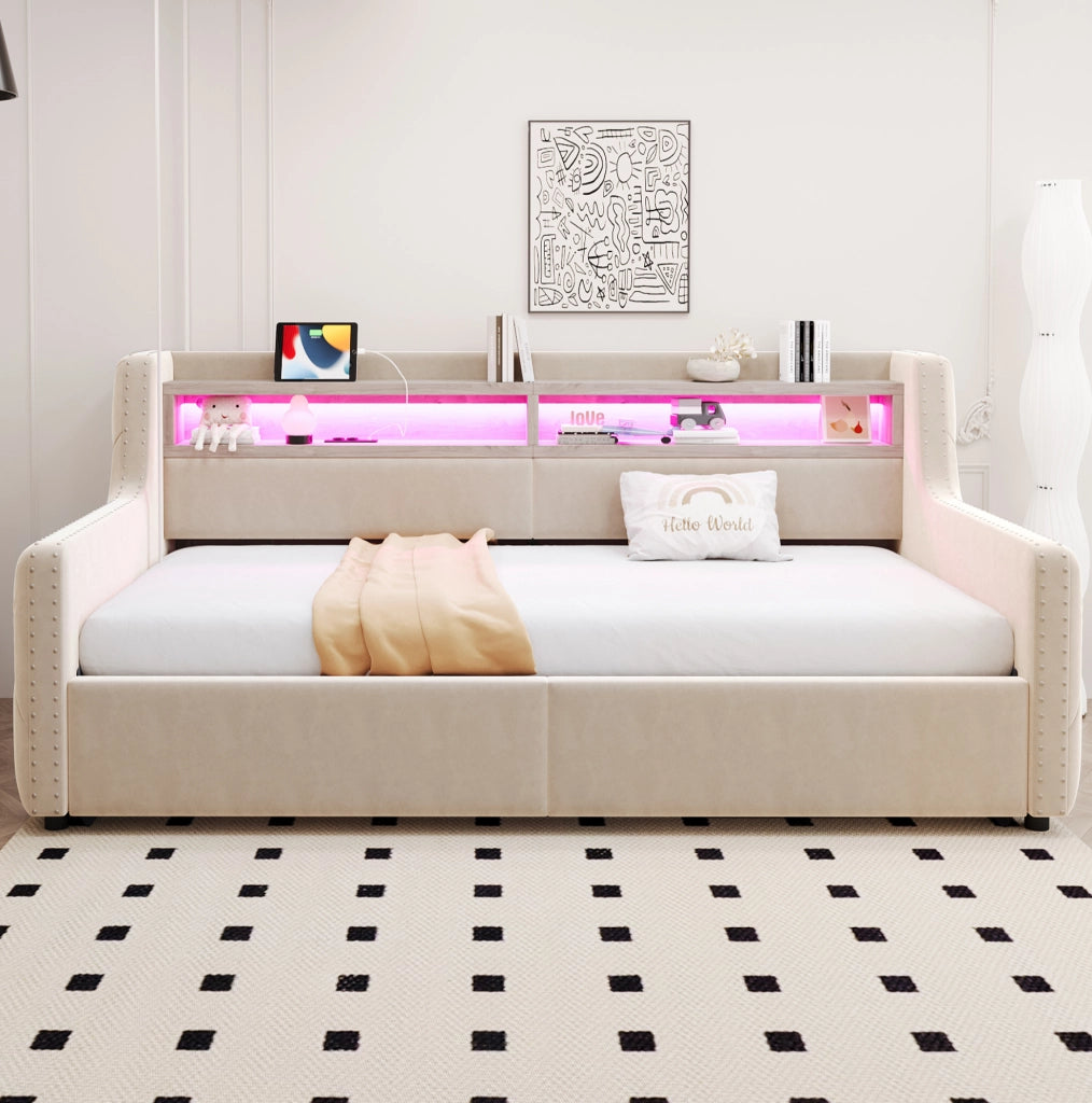 Letto imbottito 90x200 cm con contenitore, LED e testiera multifunzione