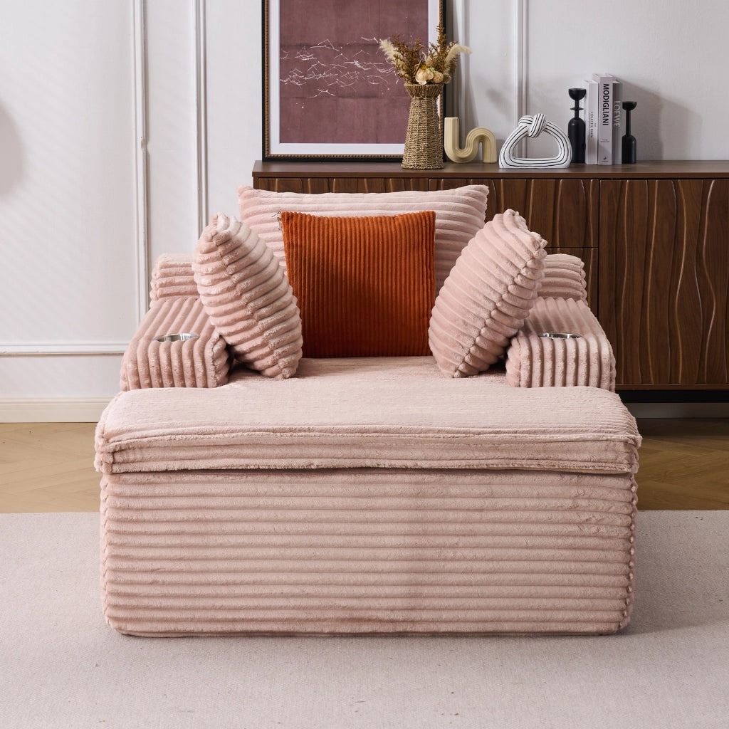 Divano modulare boneless con chaise longue cuscini e portabicchieri senza montaggio per salotto in velluto a coste rosa