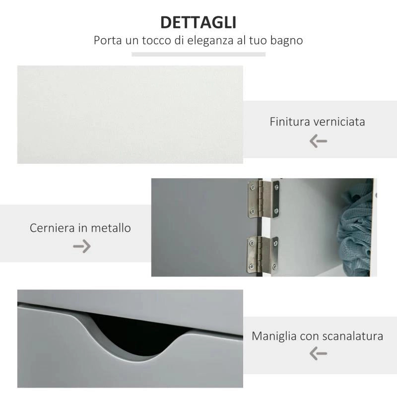 COLONNA BAGNO CON 2 RIPIANI E 2 ARMADIETTI, IN LEGNO, 15.2X29.8X118 CM, BIANCO E GRIGIO
