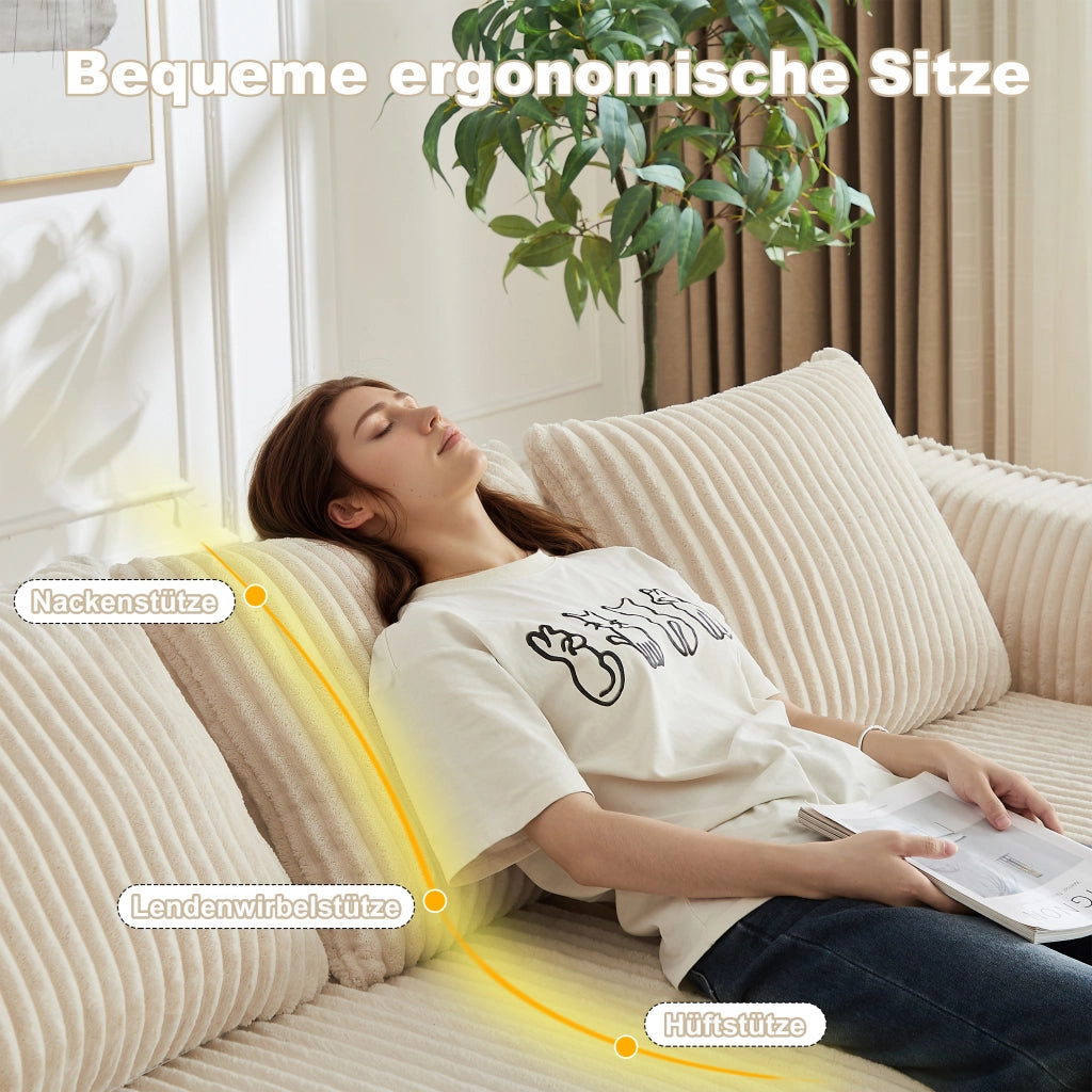 Divano modulare in ciniglia con braccioli e schienale curvi, seduta ampia e imbottitura in schiuma beige