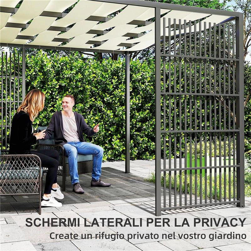 PERGOLA PER ESTERNO 3X3 M CON COPERTURA ONDULATA E PANNELLI LATERALI IN METALLO E POLIESTERE NERO