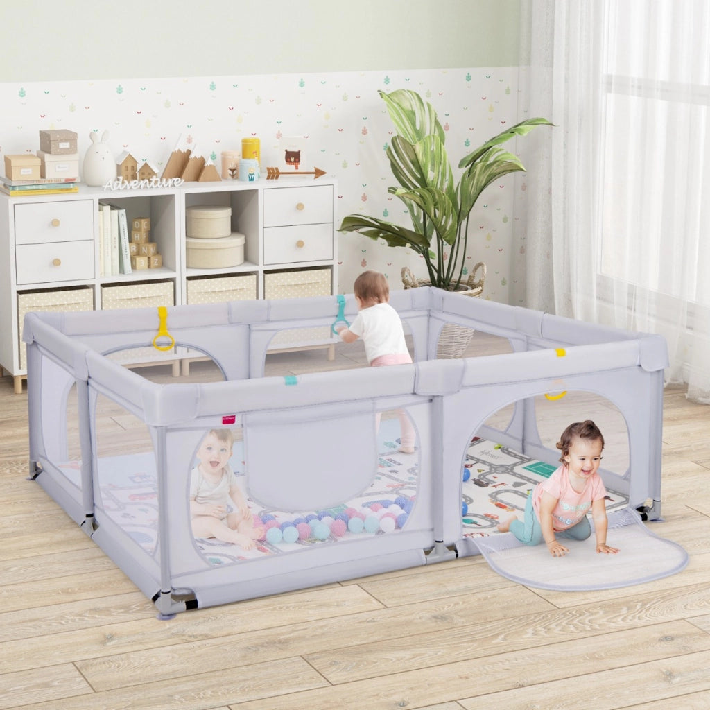 Box per bambini con materassino 4 anelli e 50 palline colorate, Recinto per bambini grande 189x158cm Grigio chiaro-Cancelletti di sicurezza