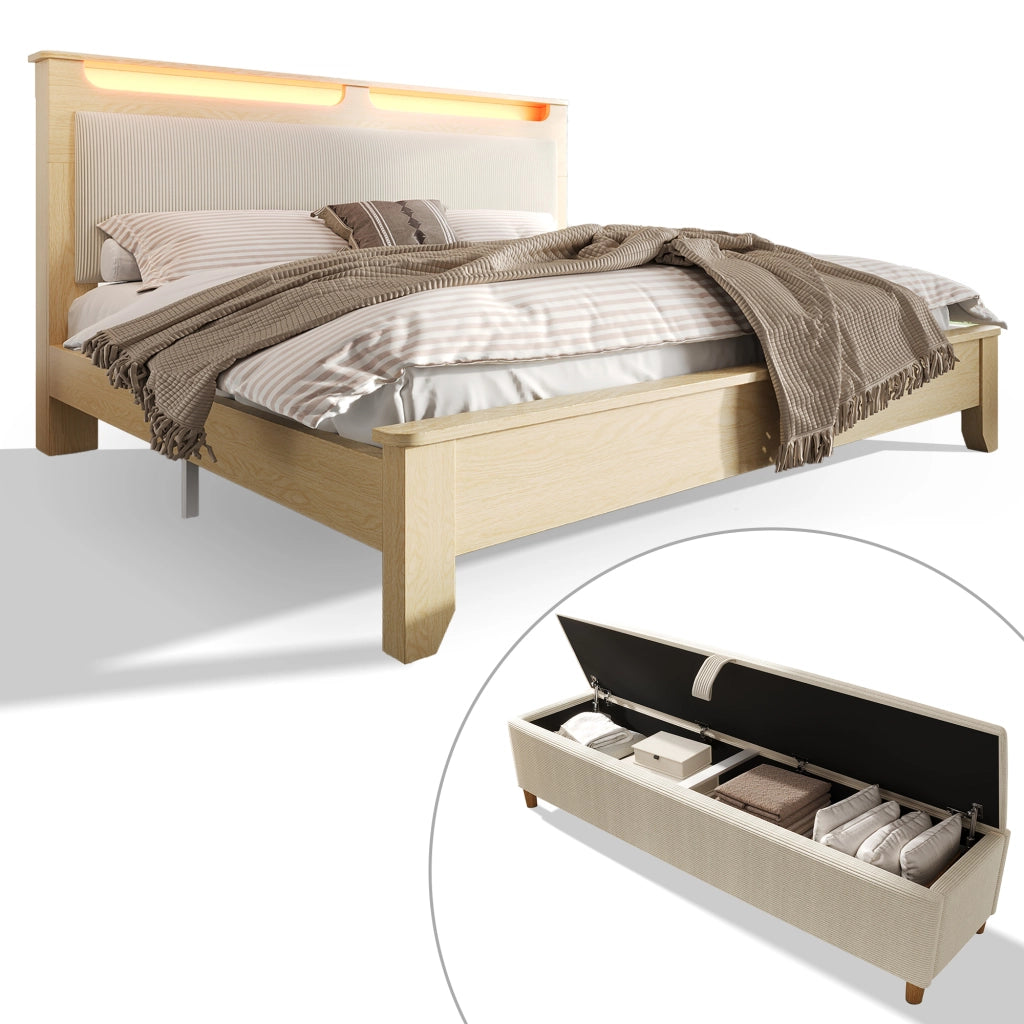 Letto in legno – 160x200 cm – panca contenitore LED testiera imbottita – rovere chiaro