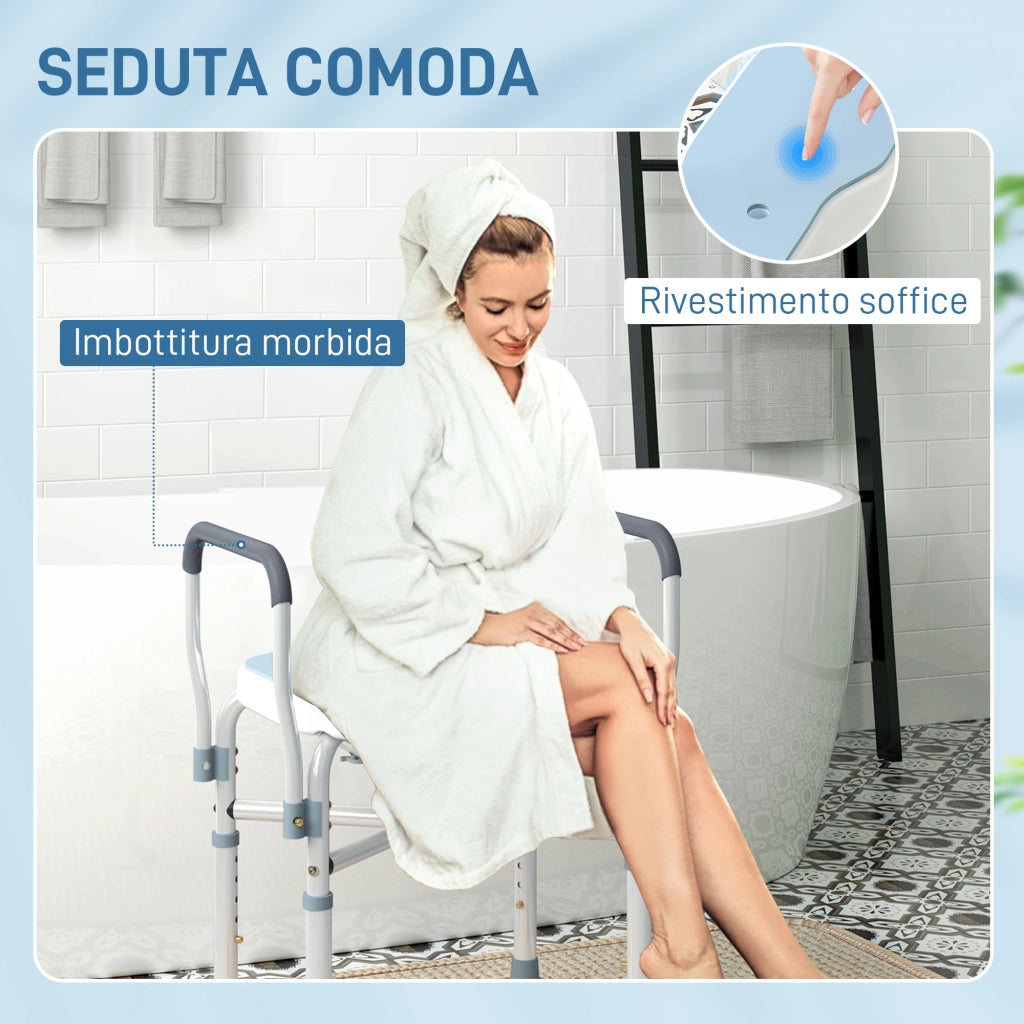 Sgabello da Doccia con Seduta Scanalata e Braccioli, Altezza Regolabile e Piedini Antiscivolo, Azzurro