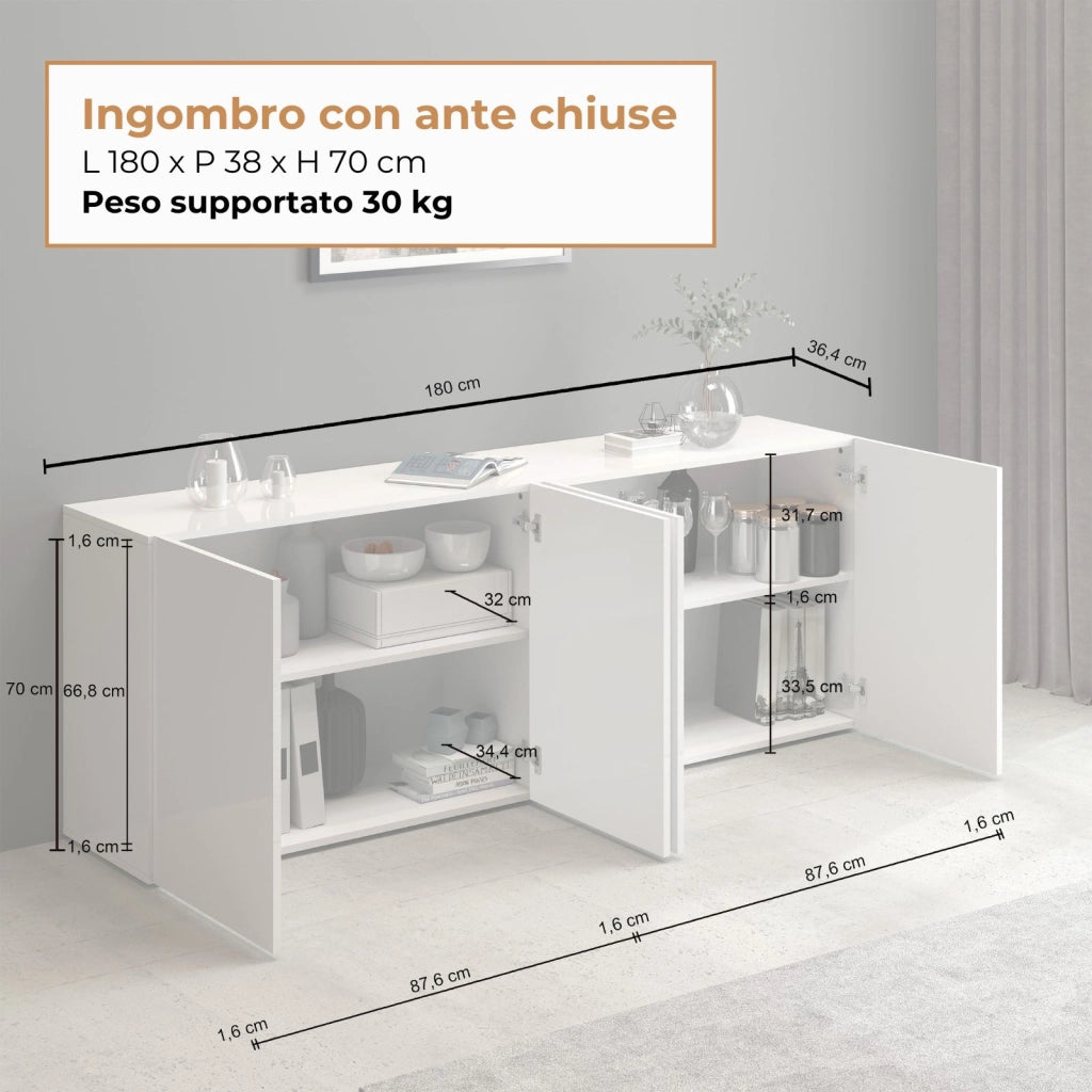 WHOUS Credenza Egypt a 4 ante e 4 vani bianco lucido 180x38x70 cm