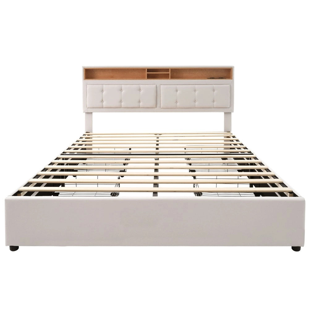 Letto Contenitore Imbottito con 4 Cassetti e USB ¨C MINIMAL ¨C Testiera Regolabile, Doghe in Legno, 140x200