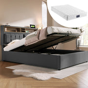 Letto imbottito 140x200 cm grigio con materasso H3, contenitore, prese USB-C