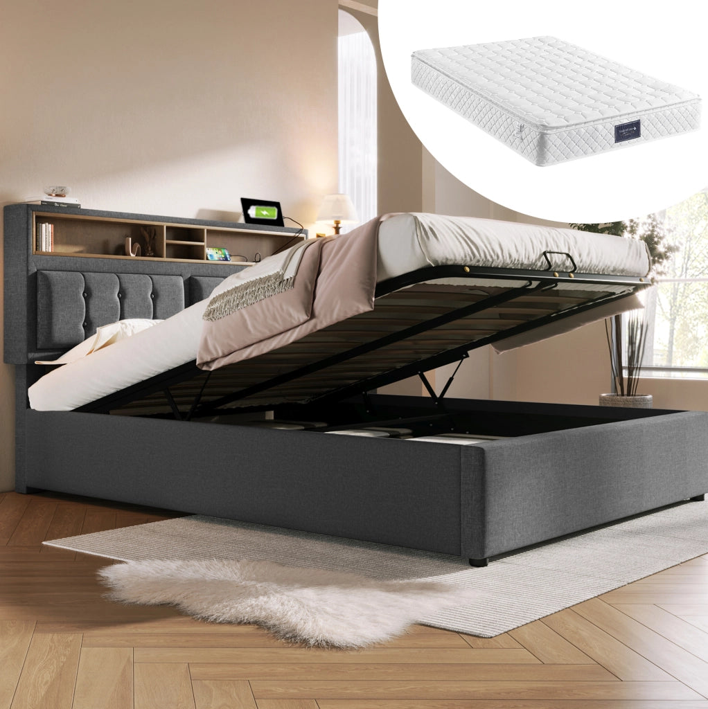 Letto imbottito 140x200 cm grigio con materasso H3, contenitore, prese USB-C