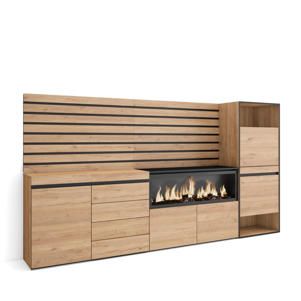 Credenza, 274x35x145cm, Camera da letto, Camino elettrico XXL, Cassettiera, Scarpiera, colore Rovere RF3401