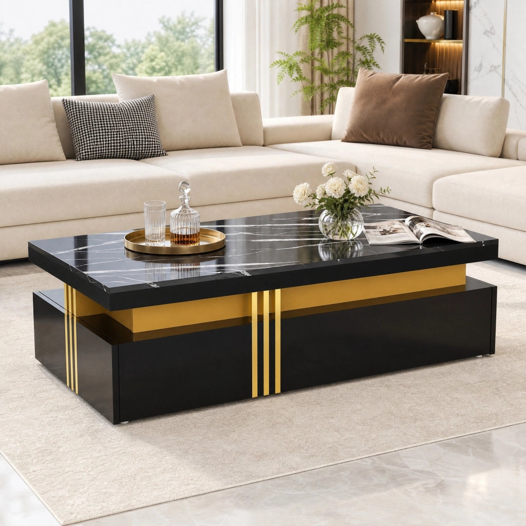 COMPOSIZIONE TV con tavolino, effetto marmo, nero, mobile TV 200x40x42 cm