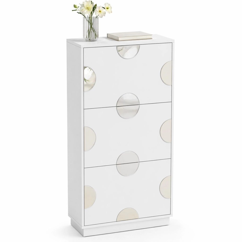 Scarpiera salvaspazio con 3 ribalte e specchio rotondo 63x24x120 cm in MDF bianco