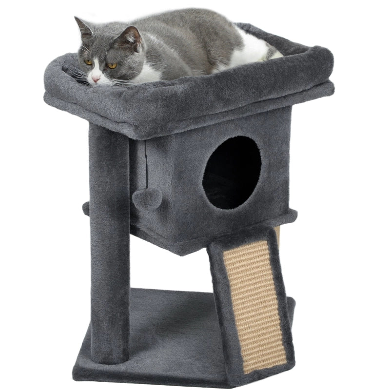 Albero tiragraffi per gatti con piattaforma, cuccia e pallina, 40 x 40 x 57 cm, grigio scuro