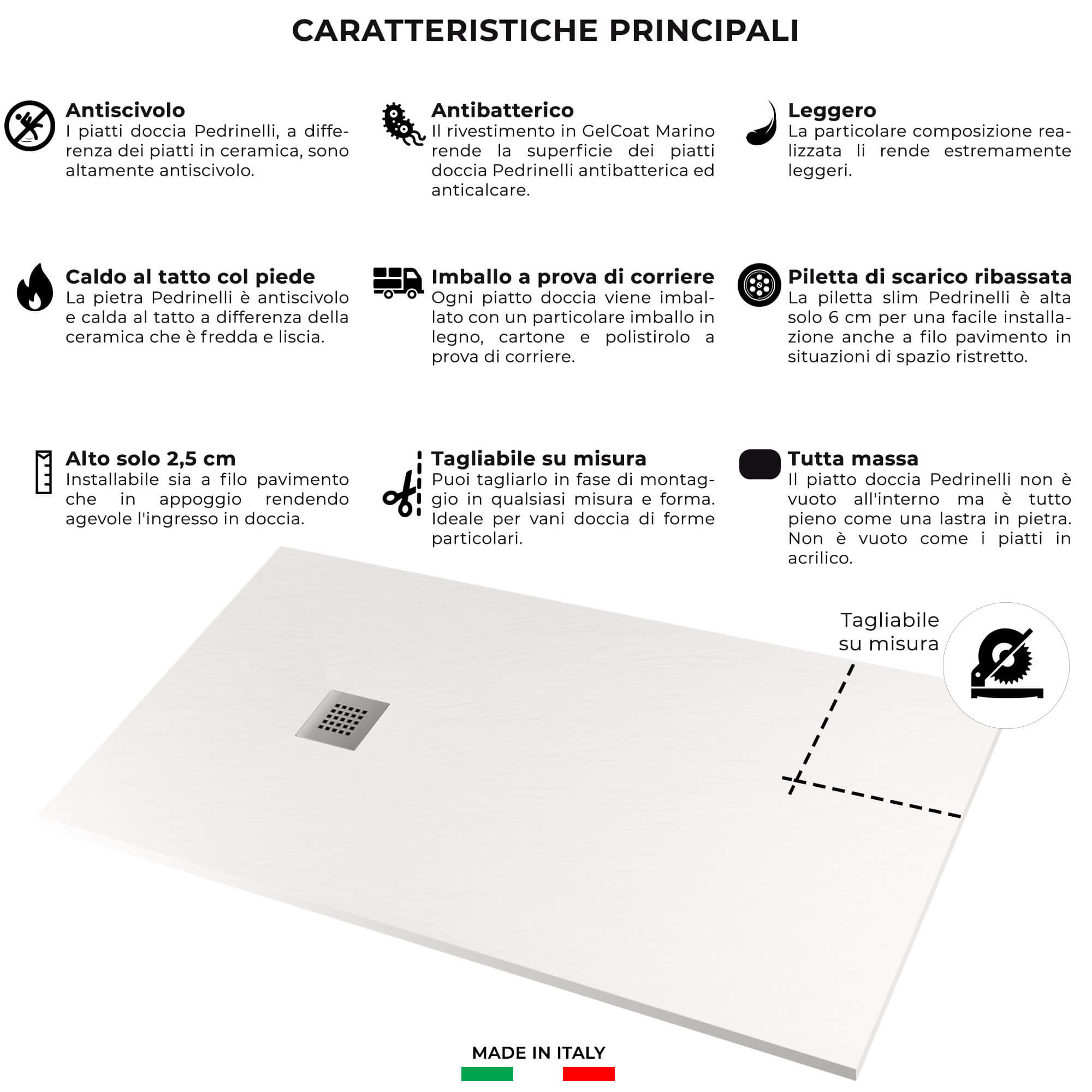 Piatto Doccia in Pietra 90x170 cm Pedrinelli Ardesia Stone Side Bianco