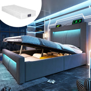 LETTO Singolo 90x200 cm Contenitore con LED, USB e Tipo C, Velluto Grigio con materasso incluso