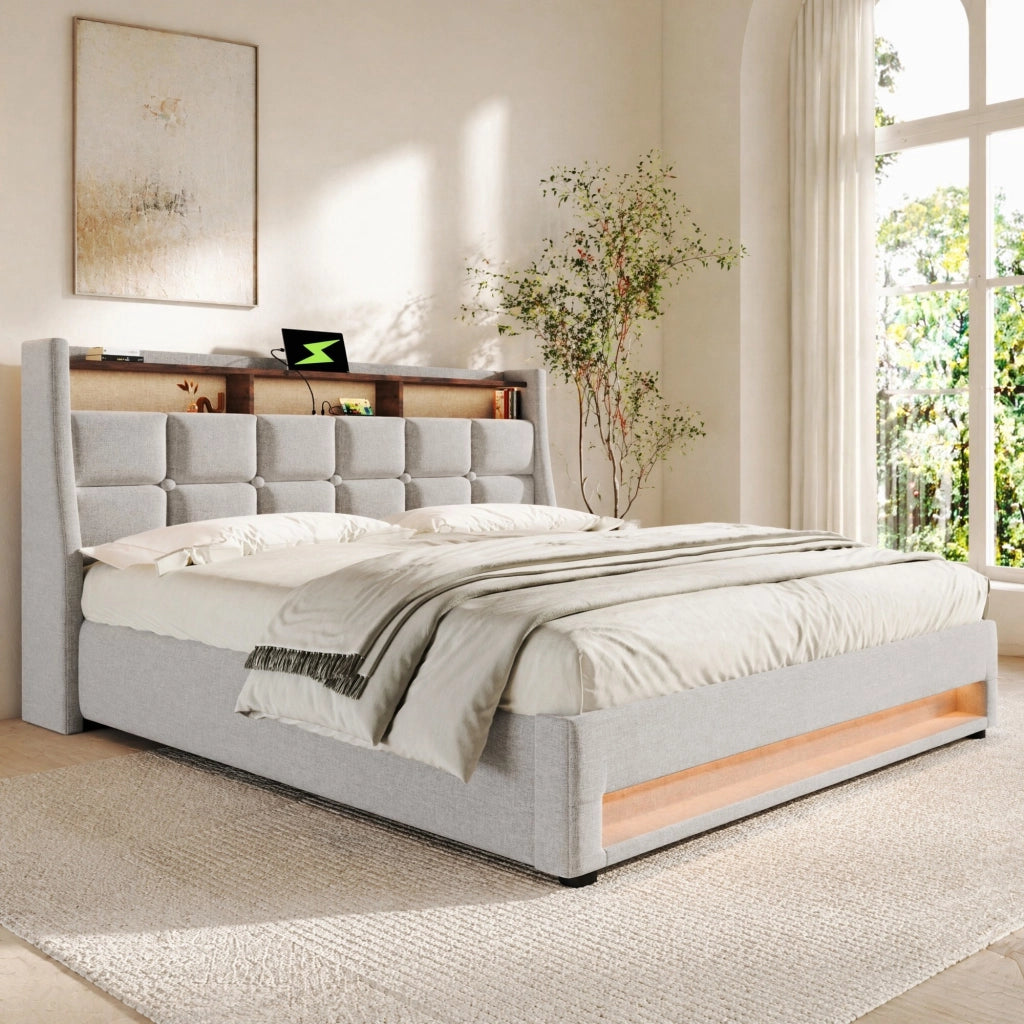 Letto imbottito 140x200 cm con LED, USB e contenitore, colore beige chiaro
