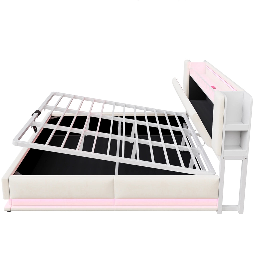 Letto matrimoniale imbottito 180x200 beige con LED e contenitore; velluto e metallo