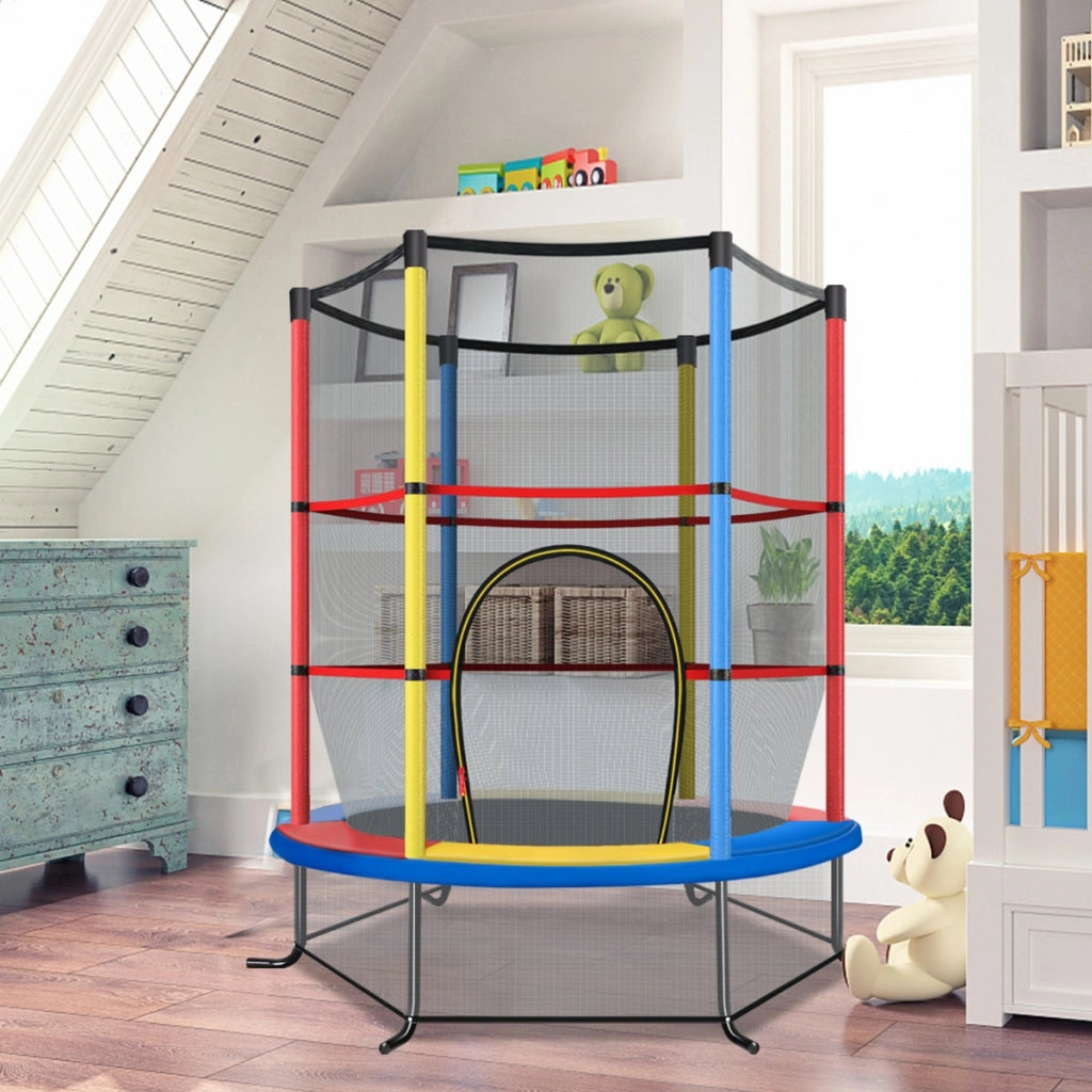 Tappeto elastico per bambini con rete di sicurezza, Tappeto elastico con struttura in acciaio resistente Colorato-Trampolini
