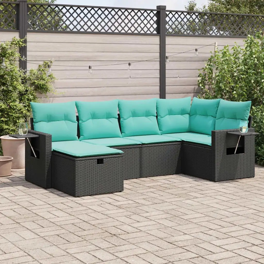 Set Divano da Giardino 6 pz con Cuscini Nero in Polyrattan