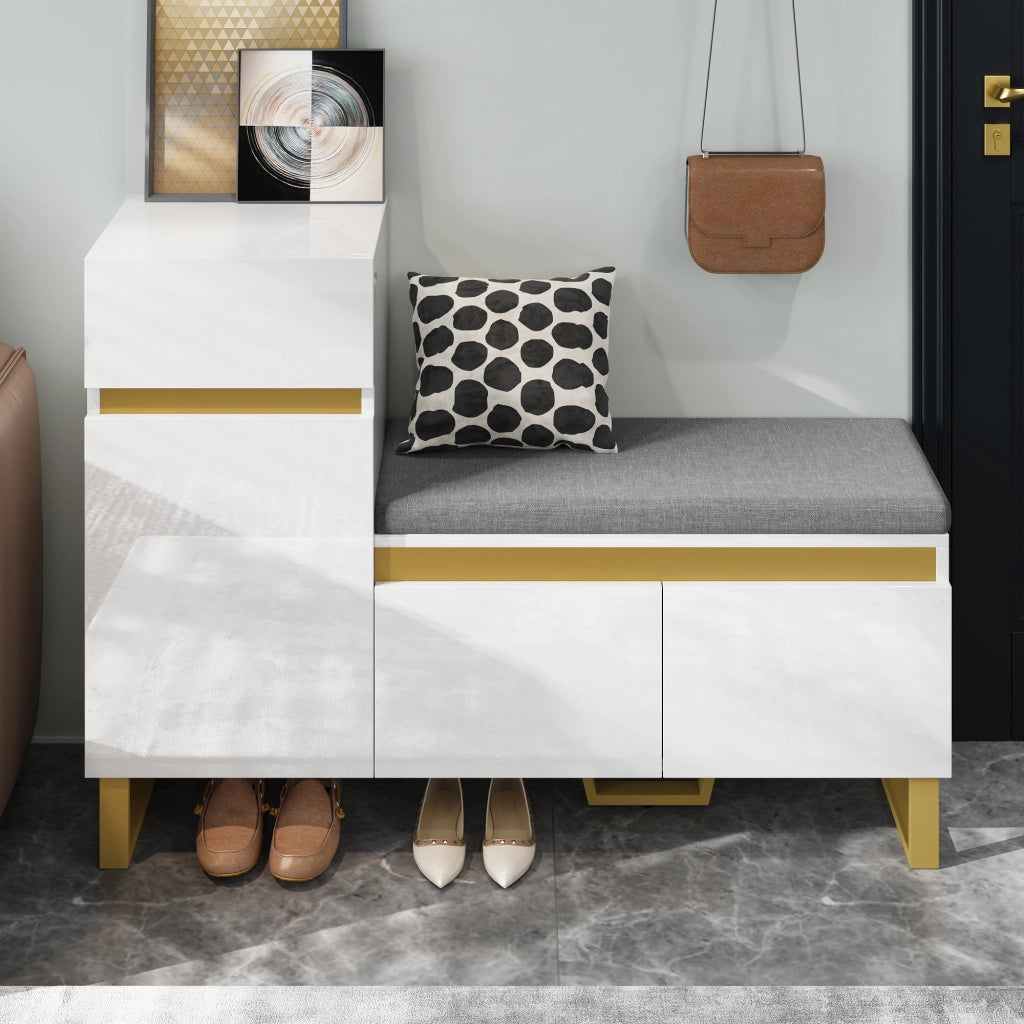 Scarpiera con 2 Ante; 1 Cassetto; 1 Vano Aperto e Seduta Imbottita; in MDF; Bianco; 120×35×85 cm