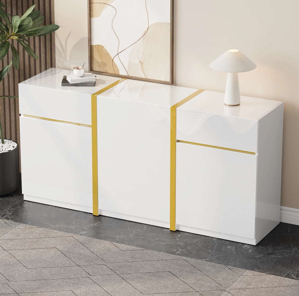 Credenza sideboard 160x40x78 cm bianca lucida con 3 ante e 2 cassetti HOMVRA