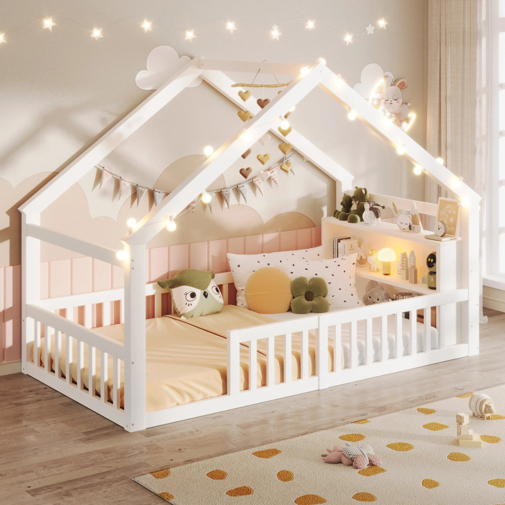 OKWISH Letto a Casetta 90×190 cm, Letto Singolo con Spondine, Mensole e Lucine Decorative, senza Materasso, in Pino, Bianco