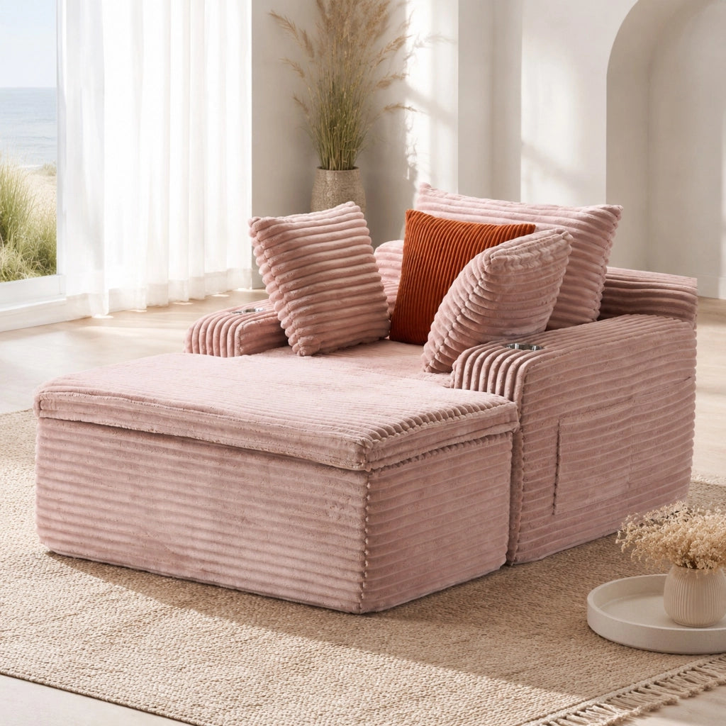 Divano da pavimento con chaise longue in velluto a coste rosa; con cuscini