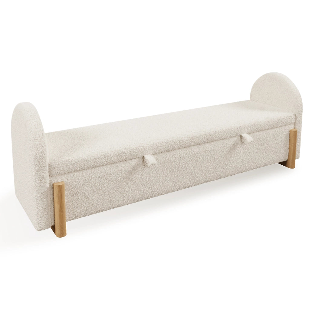 Panca contenitore imbottita 166x47x61 cm in bouclé bianco con struttura in legno