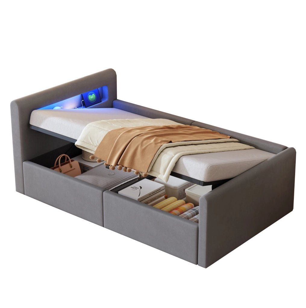 Letto imbottito 90x200 cm con LED; luce notturna; USB e contenitore idraulico in velluto grigio