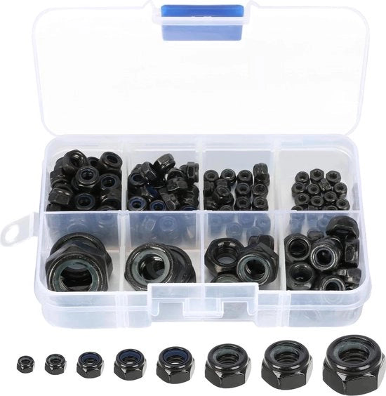 Set di viti autoalimentanti da 128 pezzi - DIN 985 - viti a sezione a sei facce - viti di serraggio - viti di blocco - viti di fissaggio - 8 misure M2.5 M3 M4 M5 M6 M8 M10 M12 - cromate.