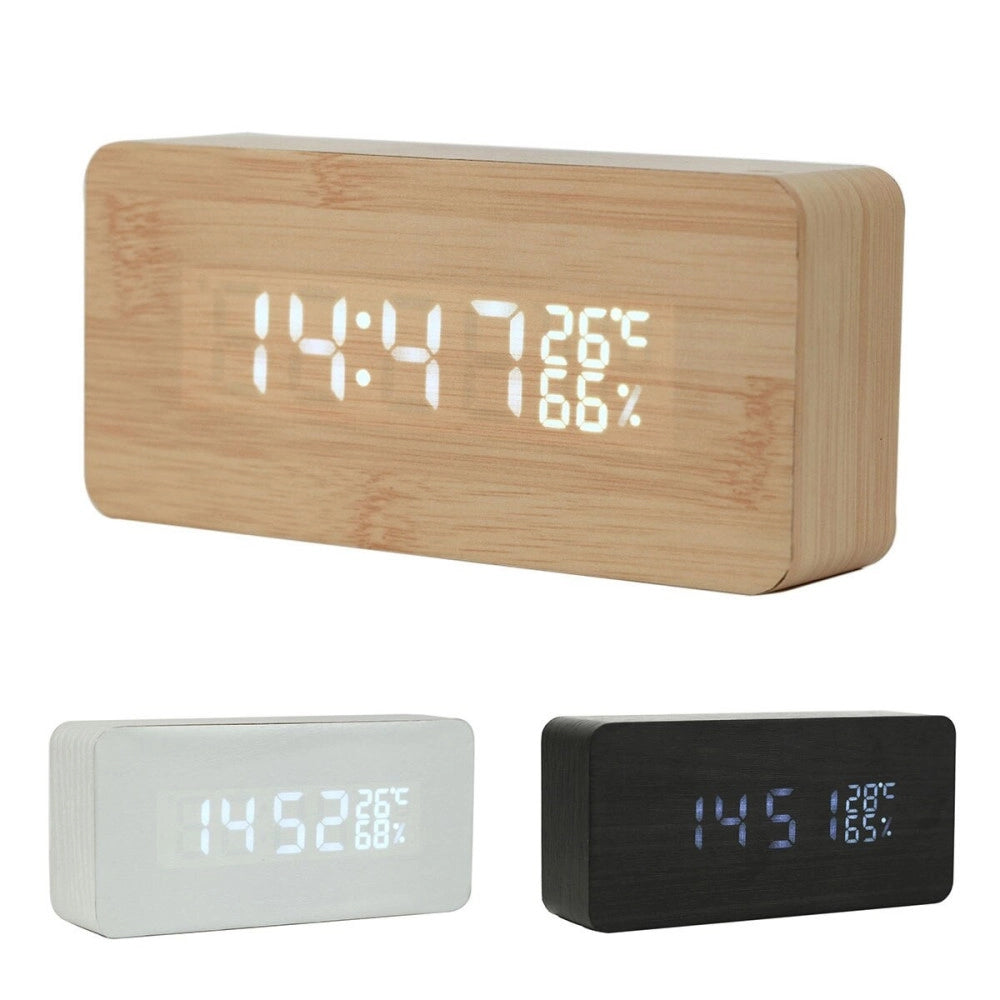 Trade Shop - Rettangolare Sveglia Legno Orologio Display Allarme Digitale Led Temperatura Usb -