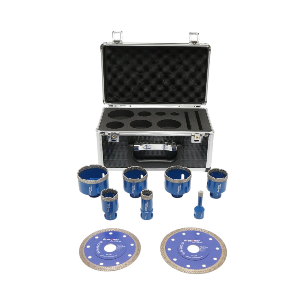 Set di 7 punte diamantate a corona da 10-68 mm, filettatura interna M14 + 2 dischi da 115 e 125 mm per piastrelle in ceramica, marmo e granito Breckner Germany