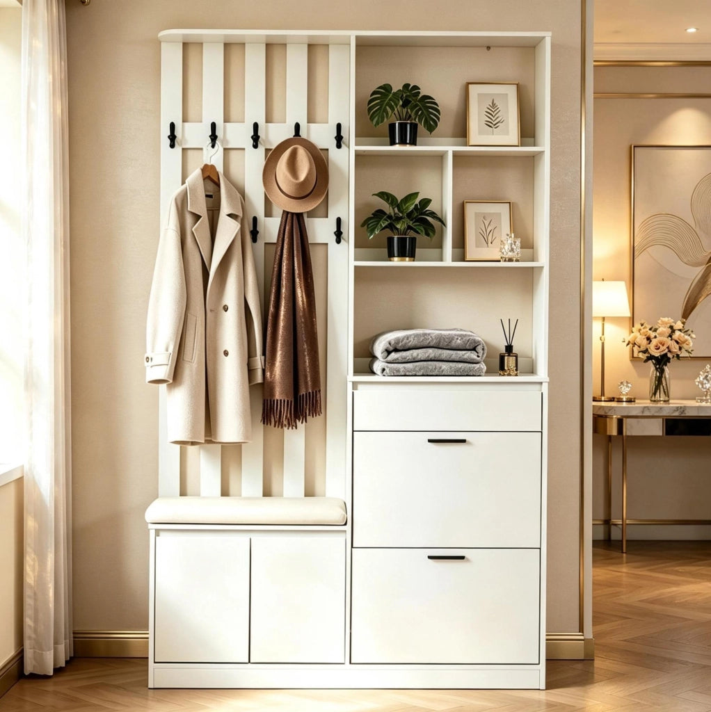 Garderoba da ingresso multifunzionale 120x30x200 cm in MDF bianco con panca e scarpiera