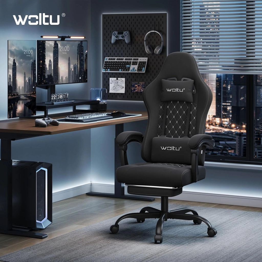 Sedia Gaming con Massaggio, Sedia da Ufficio Ergonomica Girevole Ampia Imbottita per Computer con Cuscino Lombare Massaggiante, Carico 150 Kg, Tessuto a rete, Nero+Bianco