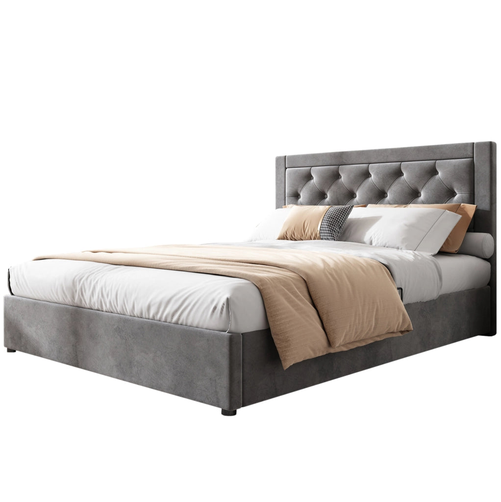 Letto imbottito contenitore in velluto grigio 140 x 200 cm
