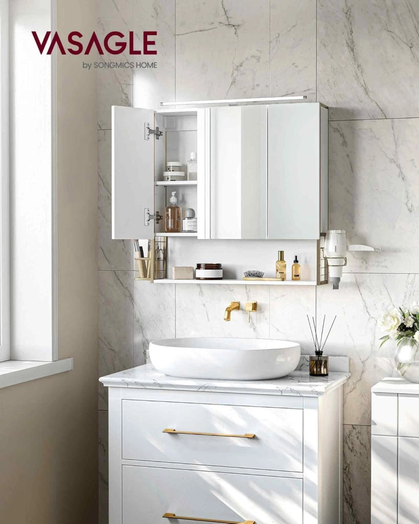 VASAGLE Armadietto da Bagno con Specchio e 3 Ante, Mobile a Parete, Cestino, Porta Asciugacapelli, Capiente, Mobiletto Bagno da Muro, Bianco Nuvola e Oro Verde Chiaro BBK124A10