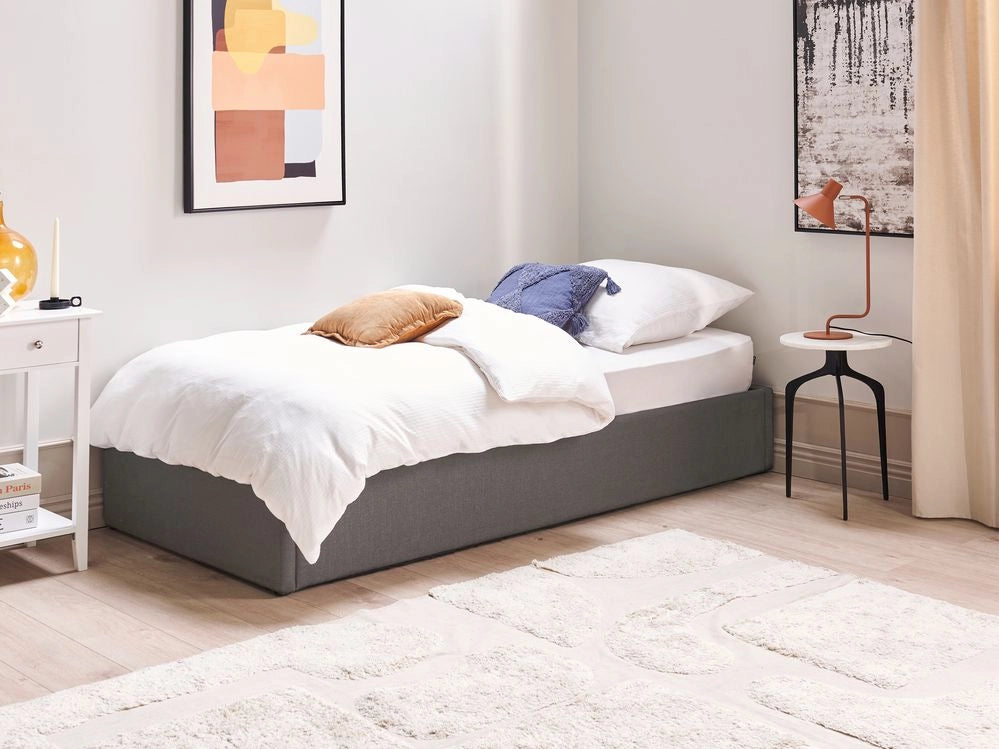 Letto a doghe Ottomana imbottita in tessuto di poliestere grigio Portaoggetti da 90 x 200 Single Size Design moderno