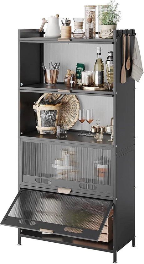 Cucina a 5 ante con ruote e piedini in acciaio inossidabile - Nero vintage con ante trasparenti per forno a microonde