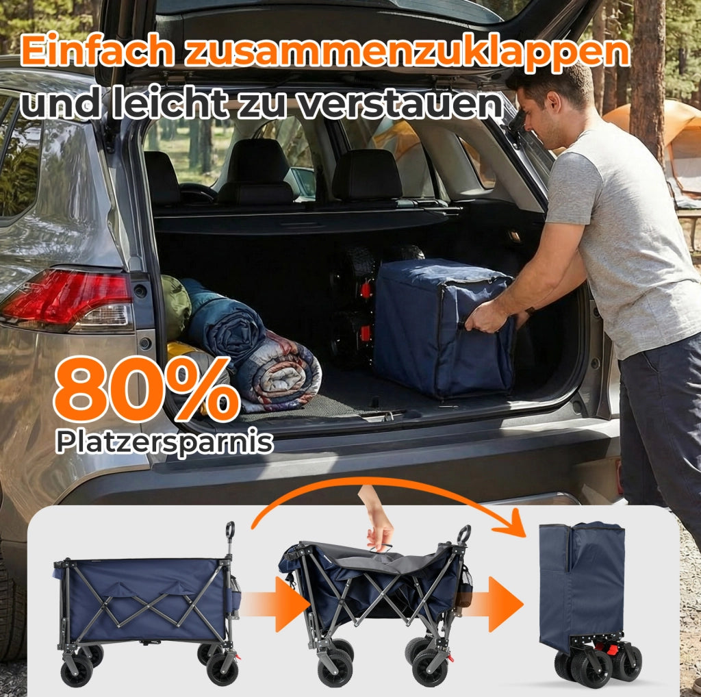 Carrello pieghevole con sponda estensibile e ruote fuoristrada