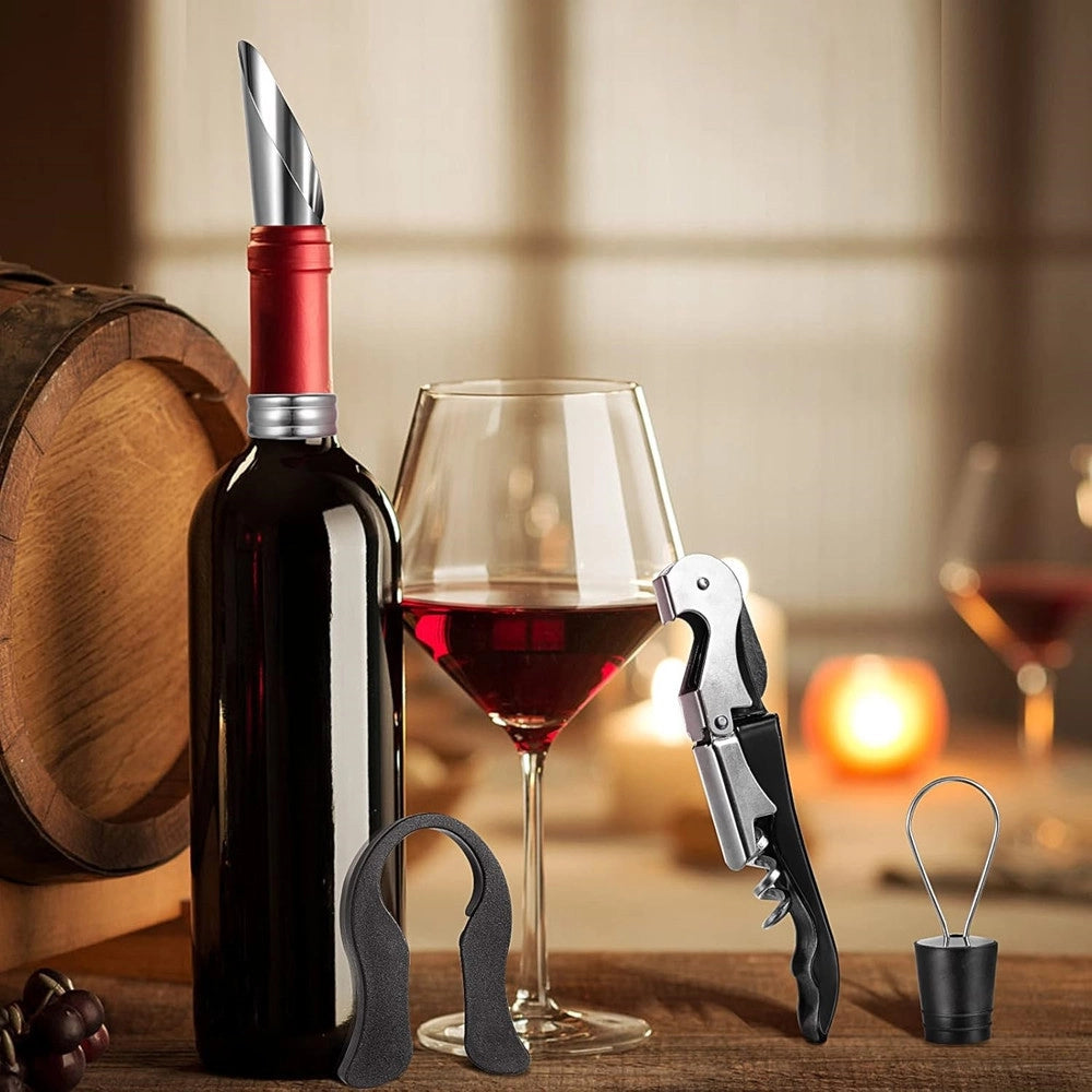 Trade Shop - Set Vino 5in1 Cavatappi Apribottiglie Multifunzione Anello Antigoccia Tappo Versatore -