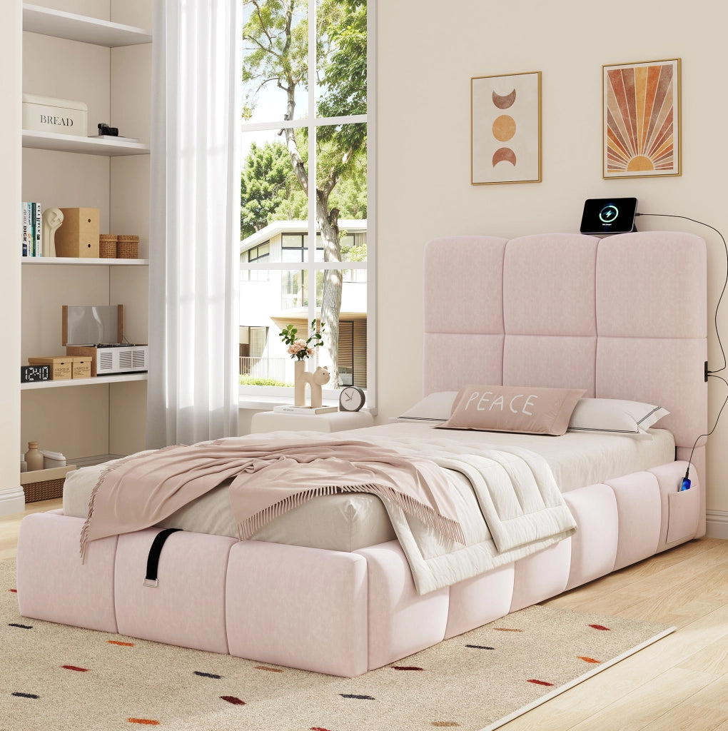 Letto singolo imbottito 90x200 cm in velluto rosa con contenitore; rete e porta USB