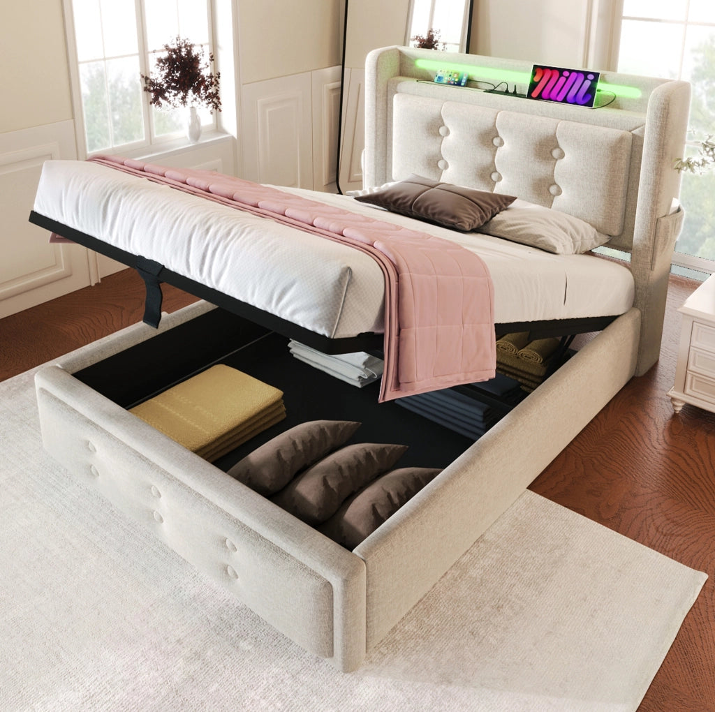 Letto singolo 90x200 in cotone e metallo beige con LED， USB-C e vano contenitore