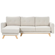 Divano angolare 3 posti destro imbottito in tessuto beige con funzione di dormiente e schienale imbottito estraibile Gambe in legno