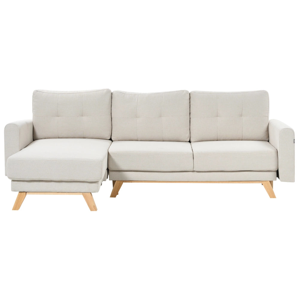 Divano angolare 3 posti destro imbottito in tessuto beige con funzione di dormiente e schienale imbottito estraibile Gambe in legno
