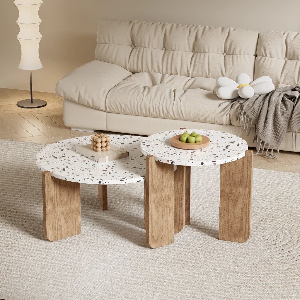 Tavolini da Caffè Impilabili 2 Pezzi con Piani Decorati; Stile Moderno; in MDF; Naturale; 70×70×35+50×50×45;5 cm