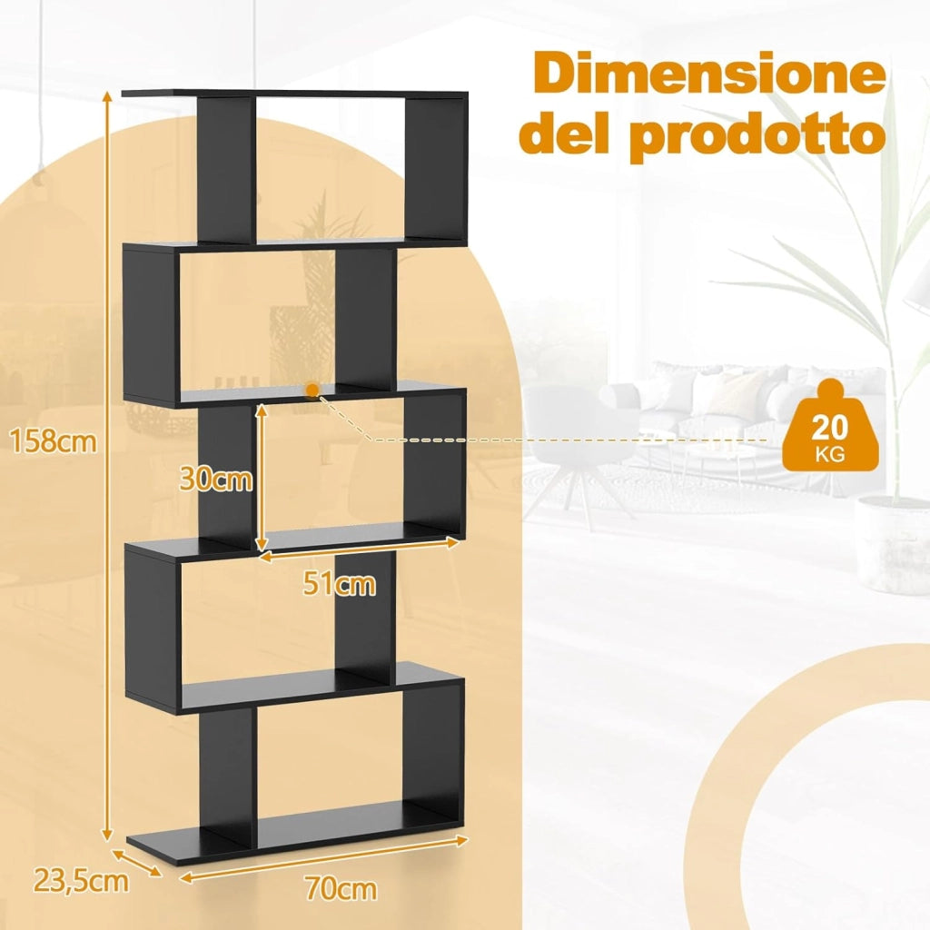 Scaffale in Legno a 5 Ripiani, Libreria Scaffale a Forma di S con Dispositivo Antiribaltamento, Divisorio per Soggiorno Ufficio Camera da Letto, 70 x 23,5 x 158 cm