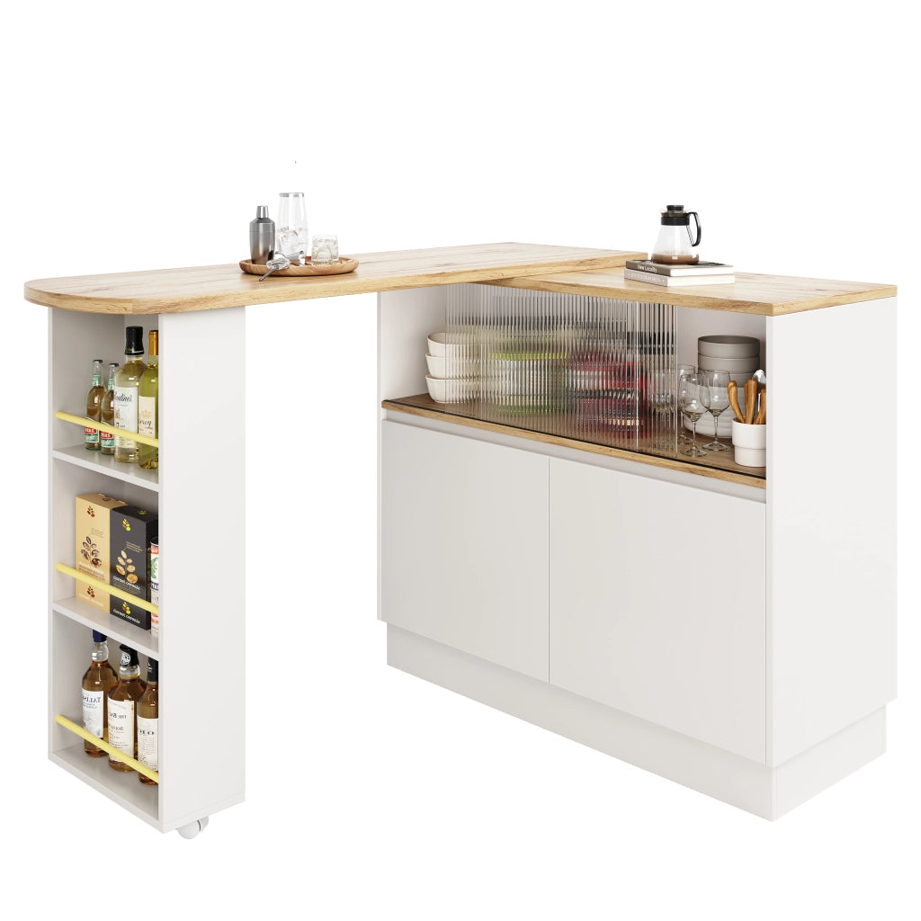 OKWISH Credenza da Cucina Girevole con Ripiani Aperti, Cassetto e Porta Scorrevole in Vetro, per Cucina, MDF, 90 x 45 x 100 cm