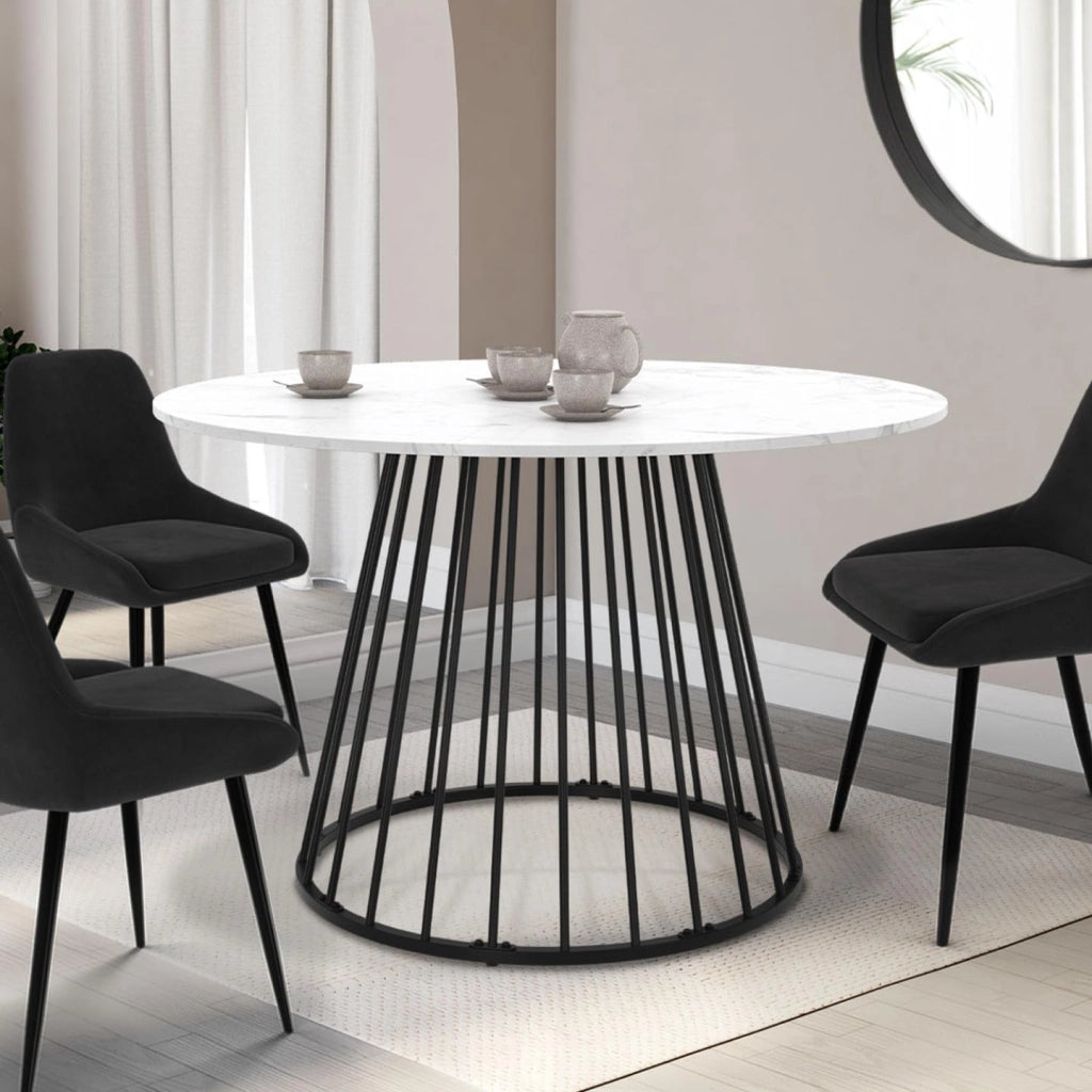 Tavolo da pranzo rotondo YUNA 6 persone con piano in marmo bianco ALASKA e gamba in filo metallico nero 110 cm