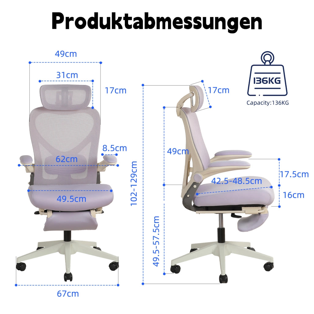 Sedia da ufficio ergonomica pieghevole con supporto lombare e poggiatesta regolabile in schiuma viola per lavoro