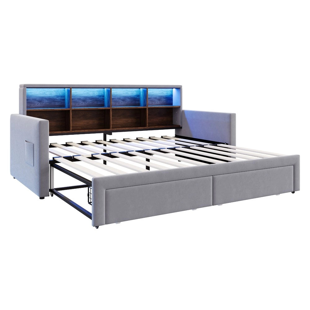 Letto Imbottito Estraibile con LED, Cassetti e Rete ¨C MINIMAL ¨C Velluto Grigio Chiaro 90x190/180x190